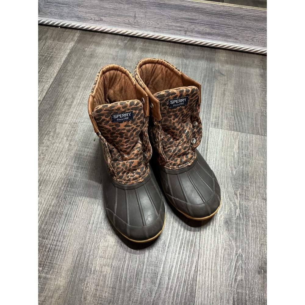 Sperry Saltwater Duck Boots Leopard Print Brown Black Youth Size 3M SCK165445